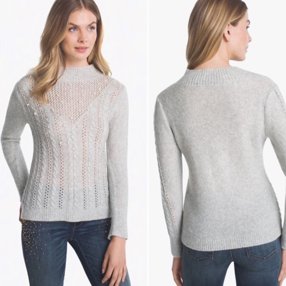 White house black market gray mock neck pearls fair isle sweater size M